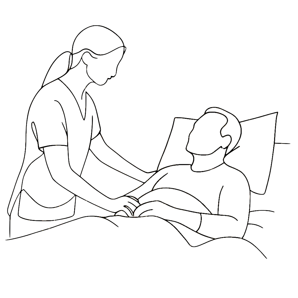A Dora carer at a client&rsquo;s bedside — line illustration